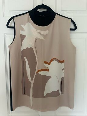 Zara Black Trim Beige Floral-Texture Sleeveless Top